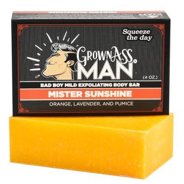 Imagem de Grown Ass Man Co. Barras esfoliantes para o corpo – Sabonete sólido rico em espuma com óleos naturais e esfoliante suave para homens – Livre de plástico e ecológico, limpeza profunda natural e orgânica para todos os tipos de pele, barra de 118 g (esfoliante mild), individual)