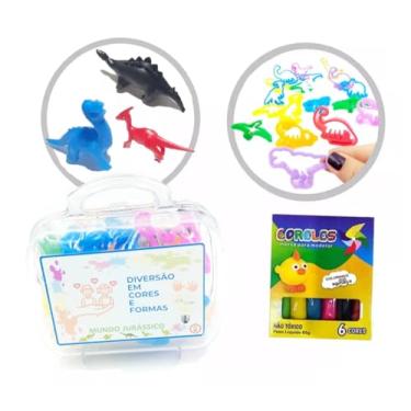 Imagem de Kit Maleta Acrílica Caixa de Massinha Modelar 6 Cores Forminhas Moldes Cortadores Mimos Brinquedos Nacional (Animais Pré Historicos: Dinossauros)