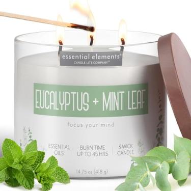 Imagem de Velas perfumadas Essential Elements da Candle-lite, fragrância de eucalipto e folha de menta, uma vela de aromaterapia de 3 pavios de 45 horas de tempo de queima, cor off-white