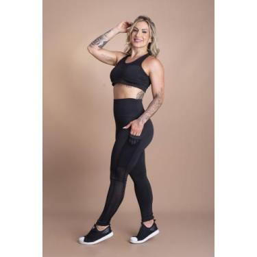 Imagem de Conjunto Fitness Feminino Calça Legging Cintura Alta Bolso Tela E Top 