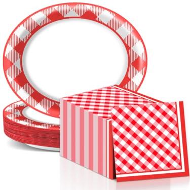 Imagem de QOUBAI Pratos de papel oval guingão, pratos e guardanapos quadriculados vermelhos e brancos de 28 cm, bandeja de pratos para churrasco, reunião de piquenique, tema de carnaval, suprimentos de festa,