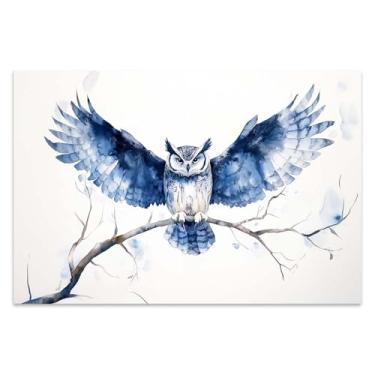 Imagem de Bvkilrvc Arte de parede com impressão em tela sem moldura, coruja azul no ramo, arte de parede moderna, presente para escritório, sala de estar, quarto, decoração de casa, pintura sem moldura, 30 x 45