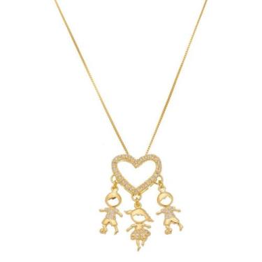 Imagem de colar com pingente 2 meninos 1 menina banho de ouro - Jhulias joias e 