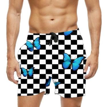 Imagem de Short Praia Shorts Banho Bermuda Verão Xadrez Borboleta Neon Azul 625 