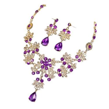 Imagem de Conjunto Colar e Brincos Strass Brilho Roxo Luxo - anjo da mamãe, Lilá