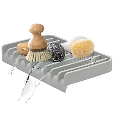 Imagem de Suporte de esponja de silicone EFFILOGIC para pia – Bandeja organizadora para pia de cozinha (design exclusivo auto-drenável), tapete de secagem para acessórios de lava-louças, dispensador de sabão e itens de bebê (cinza)