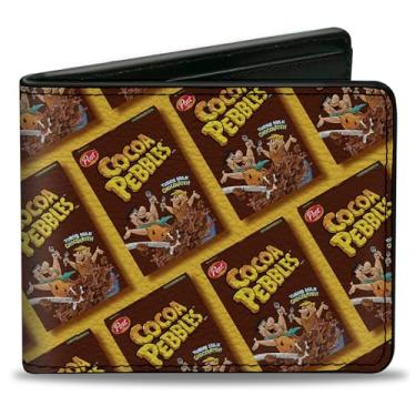 Imagem de Carteira dos Flintstones, Bifold, Cocoa Pebbles Fred and Barney Cereal Box Repeat Amarelo Marrom, Couro Vegano, 4.0" x 3.5", Casual