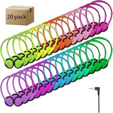 Imagem de JINWAYBST Fones de ouvido a granel para sala de aula, pacote com 20 fones de ouvido multicoloridos com conector de 3,5 mm para crianças, escola, estudantes, bibliotecas, laboratório de informática,