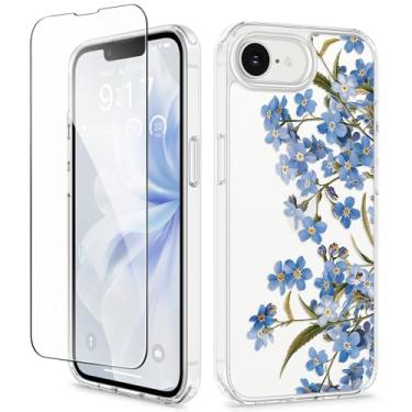 Imagem de GVIEWIN Compatível com iPhone 16e Case 6,1" 2025, com Protetor de Tela Resistente ao Amarelecimento À Prova de Choque Leve Transparente Floral TPU + Capa de PC para Mulheres, Aconite/azul