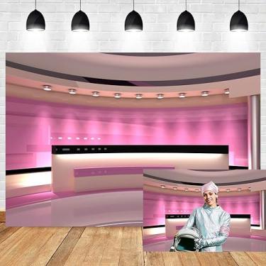 Imagem de Leyiyi 2,1 x 1,5 m Sala de transmissão de notícias pano de fundo mesa de recetação interior de escritório moderno mesa frontal programa de TV luz neon foto fundo de estudo de negócios decoração