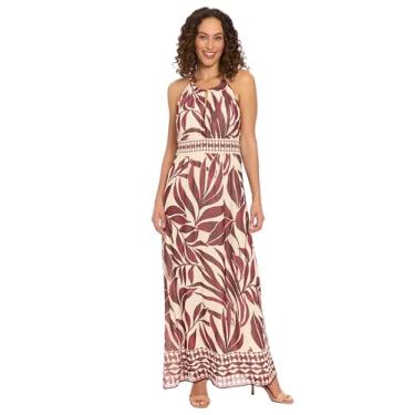 Imagem de London Times Vestido feminino maxi rodado cintura império macio leve verão vestidos, Creme/Deep Burgandy, 52