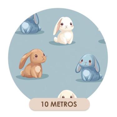 Imagem de Papel de Parede Adesivo Azul com Coelhinhos  Quarto Infantil Decoração