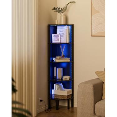 Imagem de Acodaiuy Prateleira de canto, estante de canto de 5 camadas com luz LED, suporte de canto para exibição de parede com rack de armazenamento para sala de estar, quarto, escritório, preto