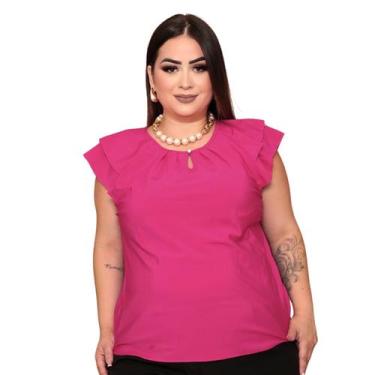 Imagem de Blusa Feminina Plus Size Social Manga Curta Detalhe Gota Botão Crepe -