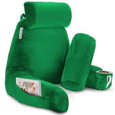 Imagem de Clara Clark Travesseiro de leitura com espuma viscoelástica desfiada inclui 2 travesseiros de suporte de pescoço e madeira, projetado para sentar na cama e no sofá, suporte ajustável para costas e