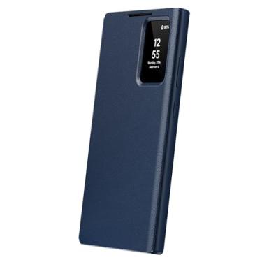 Imagem de HAO RIYLN Capa flip de couro para Samsung Galaxy S25 Ultra/S25 Plus/S25, capa inteligente de visualização de tela pequena com compartimento para cartão, capa à prova de choque, azul, S25plus