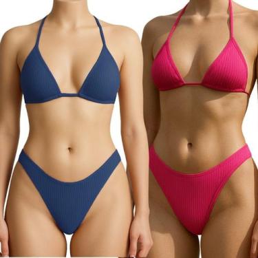 Imagem de Kit 2 Biquini Cortininha Asa Delta Sem Bojo De Amarrar Tecido Canelado