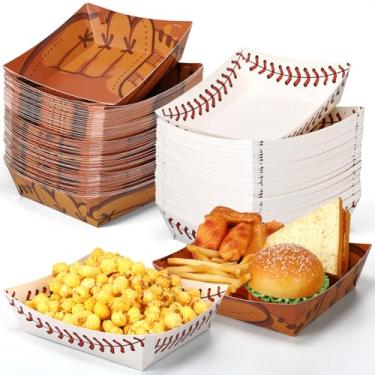 Imagem de Havawish 100 peças de decorações de festa com tema de beisebol, pratos grandes de 2,3 kg, bandejas de papel para alimentos, bandeja descartável para flocos de milho, lanches, doces, softball