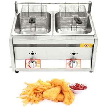 Imagem de Fritadeira De Gordura Profunda A Gás Glp De Bancada Comercial Tanques Duplos Com Cesta 10lx2 E Tampa Propano De Grande Capacidade De Aço Inoxidável Para Batatas Fritas Cozinha Doméstica Res