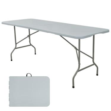Imagem de Conjunto de 2 mesas dobráveis de 1,8 m, mesa de acampamento, portátil, retangular, para uso externo, pernas de aço, dobrável ao meio com alça de transporte para ambientes internos, piquenique, festa