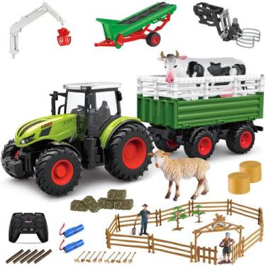 Imagem de Trator de brinquedos agrícolas fisca Kids com trailer e conjunto de br