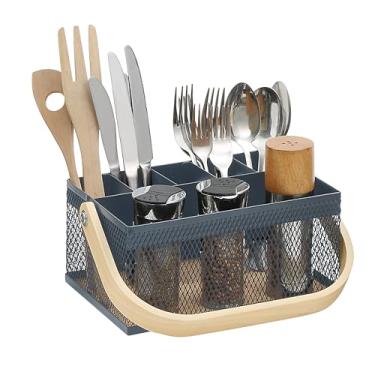 Imagem de SunnyPoint Organizador de utensílios com cabo de madeira compensada – organizador de talheres e talheres de malha de metal para cozinha, piquenique, festa, restaurante e eventos (azul)