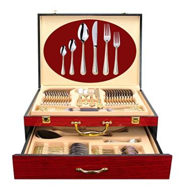 Imagem de Venezia Collection Conjunto de talheres de luxo de 75 peças para 12 com estojo de armazenamento, serviço de talheres premium em ouro 24K - Conjunto de talheres de aço inoxidável cirúrgico 18/10 em um