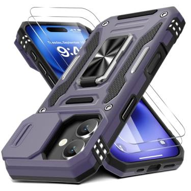 Imagem de DEERLAMN Capa para celular 17 com capa deslizante para câmera + protetor de tela (2 pacotes), anel giratório com suporte de grau militar, capa protetora à prova de choque - roxo profundo