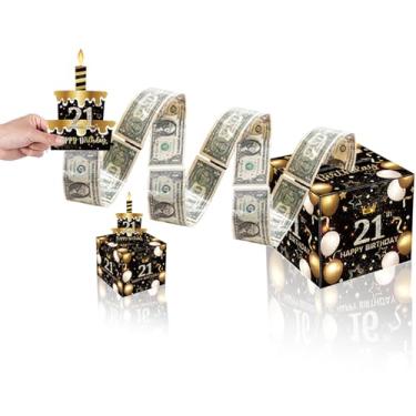 Imagem de Rxwstt Caixa de aniversário para presente, caixa de presente de rolo de dinheiro para bolo com cartões de dinheiro como buquê de dinheiro, caixa surpresa DIY para puxar dinheiro explosão para 21 anos