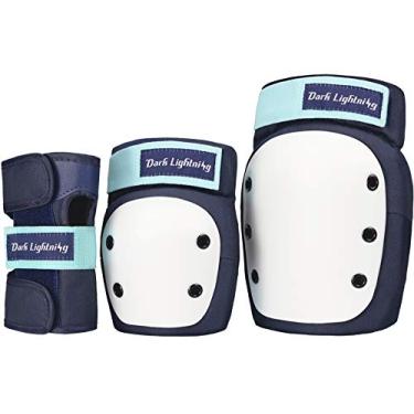 Imagem de Joelheiras Dark Lightning para trabalho/jardinagem, joelheiras e cotoveleiras para adultos/homens/mulheres multi-esportes BMX/MTB/skateboard/bicicleta, Derby Pro - Blue / White, Adult/Youth