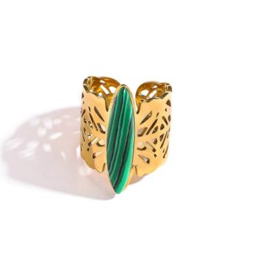 Imagem de Kokoma Anel turquesa feminino banhado a ouro 18 quilates geométrico oval anel ajustável anel aberto anel moderno joias de dedo ajuste confortável, Aço de titânio, Sem pedra preciosa