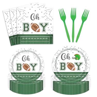 Imagem de Conjunto de 96 peças de pratos de chá de bebê com tema de futebol americano Oh Boy Party Supplies serve 24 utensílios de mesa, incluindo pratos descartáveis garfos de guardanapo para meninos