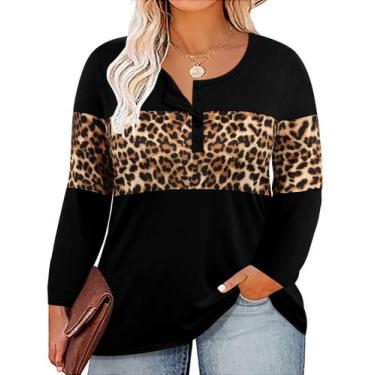 Imagem de Camisa CARCOS Plus Size Henley para mulheres de manga comprida 2X pret