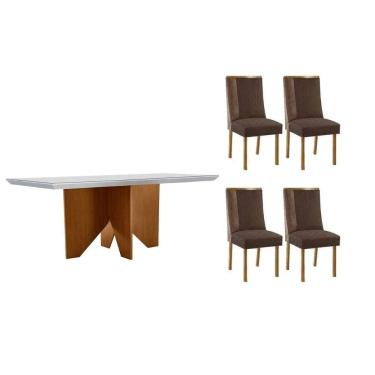 Imagem de Conjunto Sala de Jantar Nevada c/ Tampo Madeirado c/ Vidro Canto Curvo 120x80cm e 4 Cadeiras Tilia Madeira Maciça Naturale/Off White - Capuccino/Suede