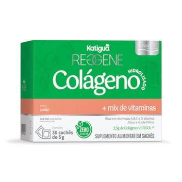 Imagem de Katiguá, Colágeno Hidrolisado 2,5 g, Solúvel Verisol, Com vitamina A, B, C e D, Biotina, Zinco, Ácido Fólico, Sabor Limão, Zero açúcar, 30 Sachês, 5g