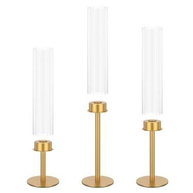 Imagem de Castiçais de vidro Hurricane dourado, conjunto de 3 castiçais cônicos a granel, cilindro de vidro transparente alto para mesa de casamento, centro de mesa, decoração de festa, aniversário, Natal