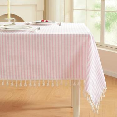 Imagem de meioro Toalha de mesa quadrada listrada, tecido de mistura de algodão, toalha de mesa rosa com borla, lavável e sem vincos, toalhas de mesa pequenas fofas para mesas de café de cartão Mahjong e ao ar
