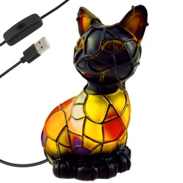 Imagem de Lâmpada vintage para gatos feita à mão, óculos de resina manchada, lâmpada noturna prática de mesa para sala de estar, quarto, estudo, escritório em casa (gato B)