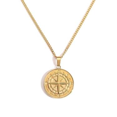 Imagem de Colar de bússola com corrente de aço inoxidável de 50 cm, pingente de bússola de navegação para mulheres e homens (dourado)