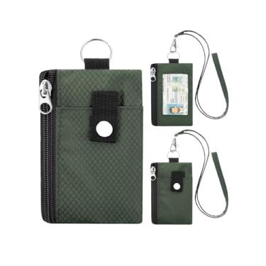 Imagem de Carteira minimalista com bloqueio de RFID com cordão, capa funcional para identidade com 2 bolsos com zíper e chaveiro para homens e mulheres, porta-cartões com crachá tático, porta-moedas para