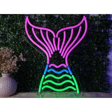 Imagem de Sinal de LED neon cauda de sereia - luz de parede decorativa colorida para quarto, sala de estar, bar, café, sala de festas - Lâmpada neon LED elegante brilhante para ambiente divertido e arte de