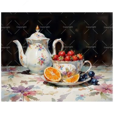 Imagem de Kit de pintura vintage natureza morta por números para adultos - Bule de chá floral DIY e pintura de frutas em tela 40,6 x 50 cm, conjunto de tinta acrílica emoldurada, adequado para iniciantes, arte