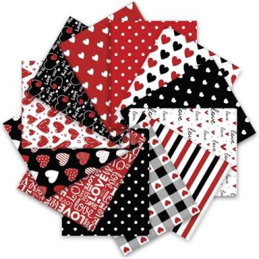 Imagem de Whaline 12 pacotes de tecido de algodão para dia dos namorados, quadrados pré-cortados, vermelho, preto, amor, coração, patchwork, para artesanato de costura artesanal, 35,5 x 35,5 cm