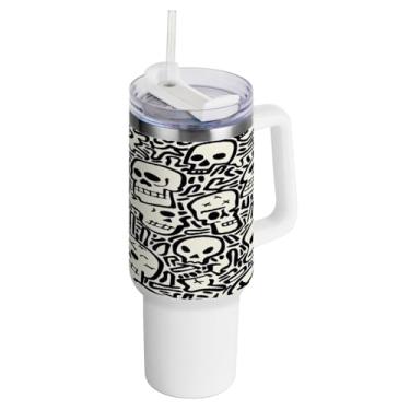 Imagem de Kigai Copo de caveira fofo de 1,134 g com tampa e canudo, copo isolado de aço inoxidável durável à prova de vazamento com alça, garrafas de água à prova de derramamento para viagens