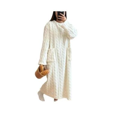 Imagem de Camisola Feminina De Veludo Coral De Manga Longa Com Dois Bolsos, Pija