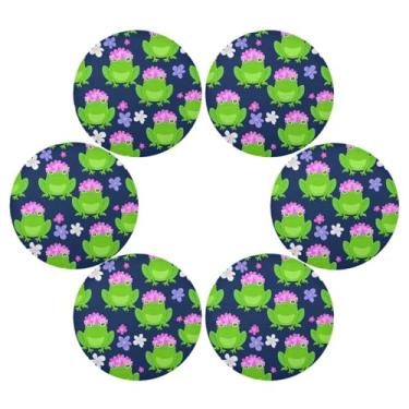 Imagem de Wassud Jogo americano conjunto de 6 sapos fofos com chapéus, tapetes de mesa redondos para cozinha e jantar, tapetes laváveis resistentes ao calor, decoração de mesa 39 cm