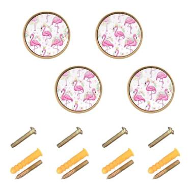 Imagem de Burbuja Flamingos Vestindo Coroas Puxadores de Armário de Cozinha Pacote com 4 Puxadores de Gaveta Redonda, Puxadores de Gaveta com Parafusos para Cozinha Quarto Armários Armário