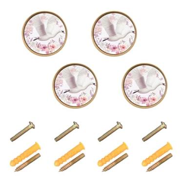 Imagem de Burbuja Puxadores de armário de cozinha Swan Flowers, pacote com 4, puxadores redondos de 3,5 cm, puxadores de cômoda com parafusos para armários de cozinha, quarto, armário