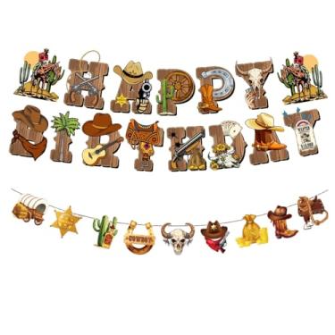 Imagem de KUNGOON Decorações de festa com tema de caubói ocidental, faixa de rodeio de cavalo e conjunto de guirlanda com design de chapéu de cowboy para celebração de aniversário de meninos, suprimentos de