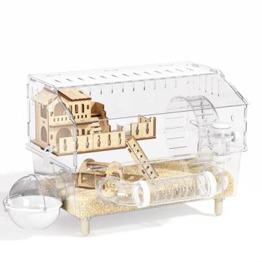 Imagem de Gaiola acrílica para hamster 9 em 1, gaiola de hamster anão transparente com visão de 360°, gaiolas de hamster sírio de 2 camadas com todos os acessórios, bandeja de fácil limpeza e design ventilado